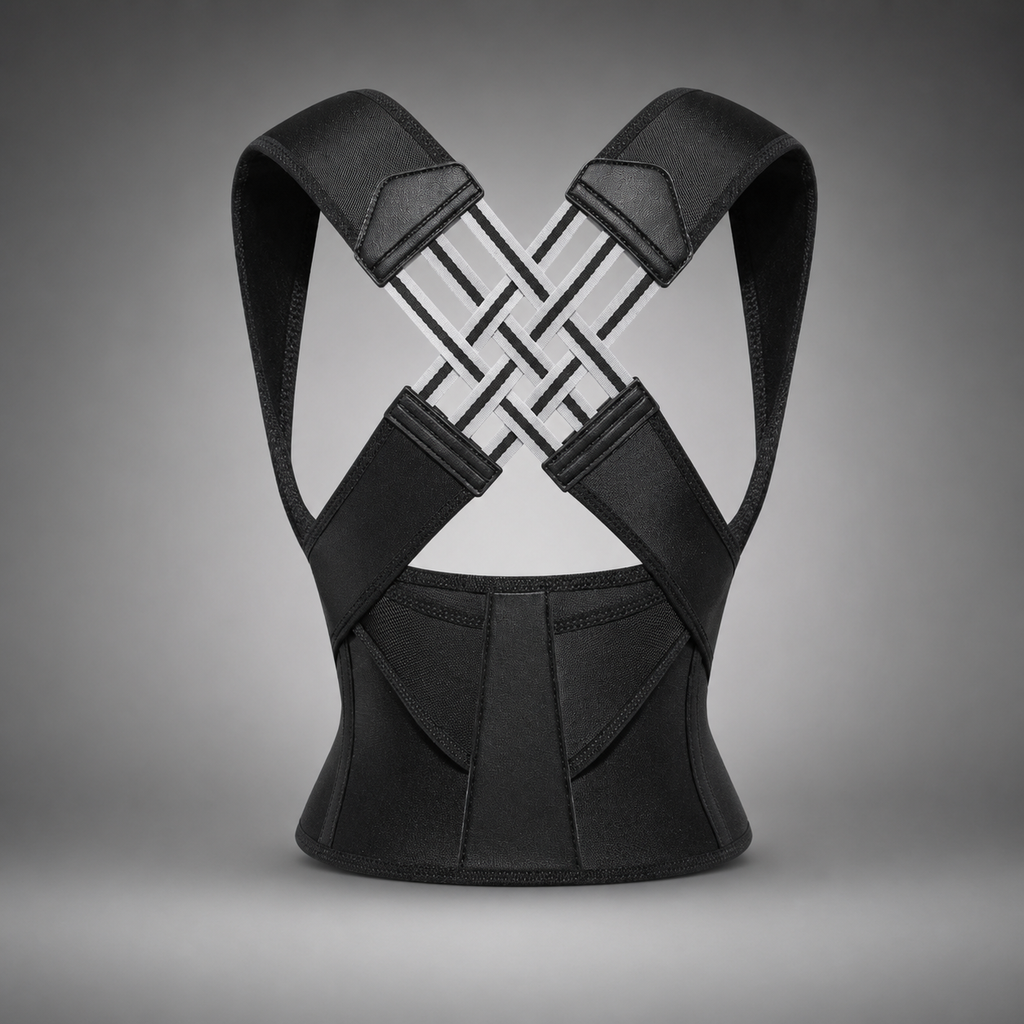 A black posture corrector brace shown from the back, featuring wide shoulder straps that cross over the upper back in an X-shape with a woven pattern, and a contoured lower back support section, set against a neutral gray gradient background.