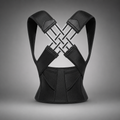 A black posture corrector brace shown from the back, featuring wide shoulder straps that cross over the upper back in an X-shape with a woven pattern, and a contoured lower back support section, set against a neutral gray gradient background.