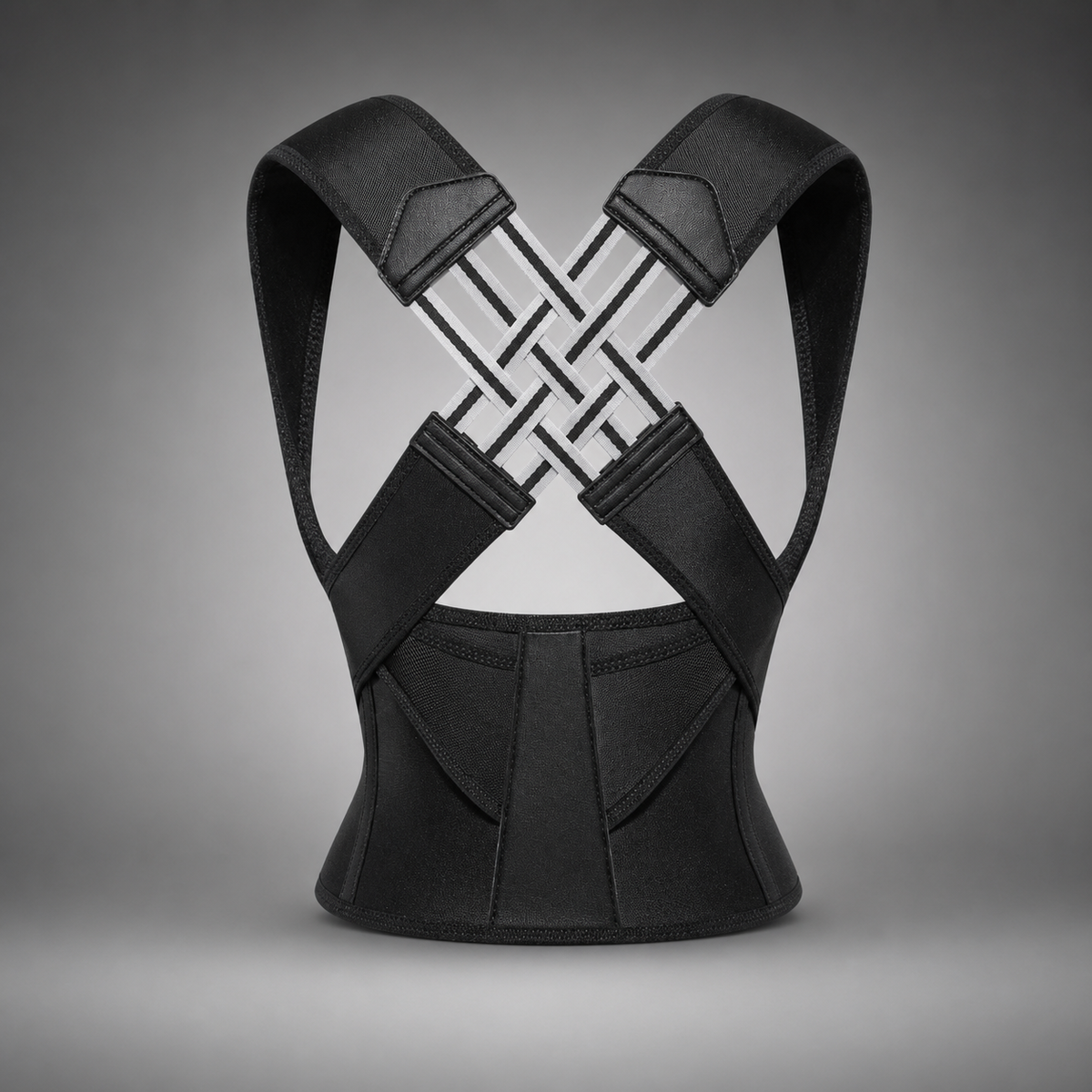 A black posture corrector brace shown from the back, featuring wide shoulder straps that cross over the upper back in an X-shape with a woven pattern, and a contoured lower back support section, set against a neutral gray gradient background.